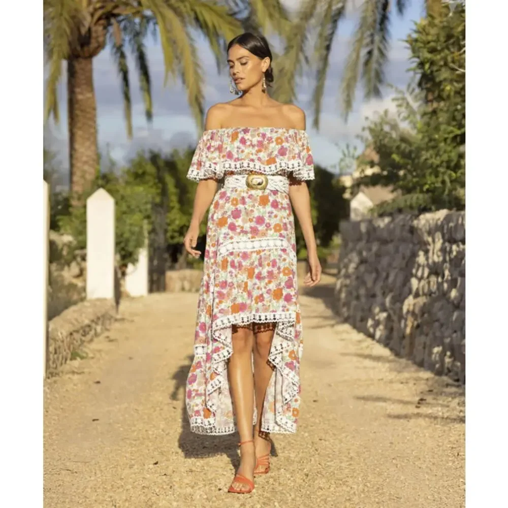 Miss June Rayan Off The Shoulder Floral Lace Ruffle Maxi Midi Dress Boho Pink - Picture 12 of 12